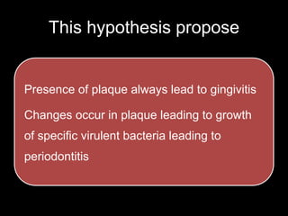 This hypothesis propose
Presence of plaque always lead to gingivitis
Changes occur in plaque leading to growth
of specific virulent bacteria leading to
periodontitis
 