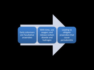 Early colonisers
are Facultative
anaerobes
With time, use
oxygen; and
release carbon
dioxide and
hydrogen
Leading to
obligate
anaerobes that
cause
periodontitis
 