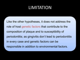 LIMITATION
Like the other hypotheses, it does not address the
role of host genetic factors that contribute to the
composition of plaque and to susceptibility of
periodontitis; as gingivitis don’t lead to periodontitis
in every case and genetic factors can be
responsible in addition to environmental factors.
 