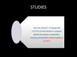 STUDIES
Studies in mouse models showed
Very low amount of P.gingivalis
(<0.01% of total bacteria in plaque)
altered the plaque composition,
causing periodontitis (Hajishengallis et
al.,2011)
 