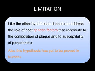 LIMITATION
Like the other hypotheses, it does not address
the role of host genetic factors that contribute to
the composition of plaque and to susceptibility
of periodontitis
Also this hypothesis has yet to be proved in
humans
 
