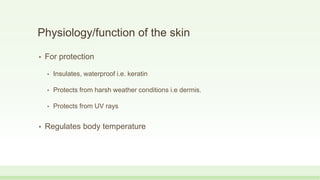 Physiology/function of the skin
• For protection
• Insulates, waterproof i.e. keratin
• Protects from harsh weather conditions i.e dermis.
• Protects from UV rays
• Regulates body temperature
 