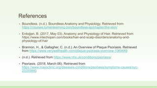 References
• Boundless. (n.d.). Boundless Anatomy and Physiology. Retrieved from
https://courses.lumenlearning.com/boundless-ap/chapter/the-skin/
• Erdoğan, B. (2017, May 03). Anatomy and Physiology of Hair. Retrieved from
https://www.intechopen.com/books/hair-and-scalp-disorders/anatomy-and-
physiology-of-hair
• Brannon, H., & Gallagher, C. (n.d.). An Overview of Plaque Psoriasis. Retrieved
from https://www.verywellhealth.com/plaque-psoriasis-overview-1069489
• (n.d.). Retrieved from https://www.nhs.uk/conditions/psoriasis/
• Psoriasis. (2018, March 06). Retrieved from
https://www.mayoclinic.org/diseases-conditions/psoriasis/symptoms-causes/syc-
20355840
 