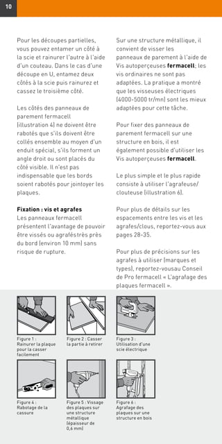 1010
Pour les découpes partielles,
vous pouvez entamer un côté à
la scie et rainurer l'autre à l'aide
d'un couteau. Dans le cas d'une
découpe en U, entamez deux
côtés à la scie puis rainurez et
cassez le troisième côté.
Les côtés des panneaux de
parement fermacell
(illustration 4) ne doivent être
rabotés que s'ils doivent être
collés ensemble au moyen d'un
enduit spécial, s'ils forment un
angle droit ou sont placés du
côté visible. Il n'est pas
indispensable que les bords
soient rabotés pour jointoyer les
plaques.
Fixation : vis et agrafes
Les panneaux fermacell
présentent l'avantage de pouvoir
être vissés ou agrafés très près
du bord (environ 10 mm) sans
risque de rupture.
Sur une structure métallique, il
convient de visser les
panneaux de parement à l'aide de
Vis autoperçeuses fermacell; les
vis ordinaires ne sont pas
adaptées. La pratique a montré
que les visseuses électriques
(4000-5000 tr/mn) sont les mieux
adaptées pour cette tâche.
Pour fixer des panneaux de
parement fermacell sur une
structure en bois, il est
également possible d'utiliser les
Vis autoperçeuses fermacell.
Le plus simple et le plus rapide
consiste à utiliser l'agrafeuse/
clouteuse (illustration 6).
Pour plus de détails sur les
espacements entre les vis et les
agrafes/clous, reportez-vous aux
pages 28-35.
Pour plus de précisions sur les
agrafes à utiliser (marques et
types), reportez-vousau Conseil
de Pro fermacell « L'agrafage des
plaques fermacell ».
Figure 6 :
Agrafage des
plaques sur une
structure en bois
Figure 5 : Vissage
des plaques sur
une structure
métallique
(épaisseur de
0,6 mm)
Figure 3 :
Utilisation d'une
scie électrique
Figure 2 : Casser
la partie à retirer
Figure 4 :
Rabotage de la
cassure
Figure 1 :
Rainurer la plaque
pour la casser
facilement
 