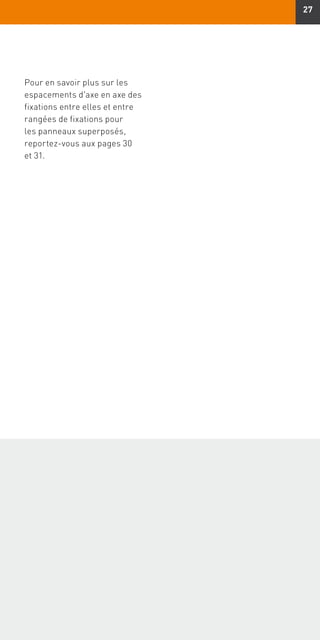 27
Pour en savoir plus sur les
espacements d'axe en axe des
fixations entre elles et entre
rangées de fixations pour
les panneaux superposés,
reportez-vous aux pages 30
et 31.
 