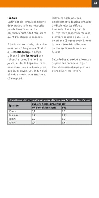 43
Finition
La finition de l'enduit comprend
deux étapes ; elle ne nécessite
pas de tissu de verre. La
première couche doit être sèche
avant d'appliquer la seconde.
À l'aide d'une spatule, rebouchez
entièrement les joints à l'Enduit
à joint fermacell puis lissez.
L'Enduit à joint fermacell doit
reboucher complètement les
joints, sur toute l'épaisseur des
panneaux. Pour une bonne prise
au dos, appuyez sur l'enduit d'un
côté du panneau et grattez-le du
côté opposé.
Colmatez également les
emplacements des fixations afin
de dissimuler les défauts
éventuels. Les irrégularités
peuvent être poncées lorsque la
première couche a durci (toile
émeri de 60). Après avoir éliminé
la poussière résiduelle, vous
pouvez appliquer la seconde
couche.
Selon le lissage exigé et le mode
de pose des panneaux, il peut
être nécessaire d'appliquer une
autre couche de finition.
L'Enduit pour joint fermacell pour plaques fibres-gypse format hauteur d' étage
Épaisseur
Quantité nécessaire, en kg par
m2 d'enduit fermacell sec
10 mm 0,1 0,2
12,5 mm 0,2 0,2
15 mm 0,3 0,3
18 mm 0,4 0,5
 