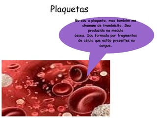 Pla que tas    Eu sou a plaqueta, mas também me  chamam de trombócito. Sou produzida na medula  óssea. Sou formada por fragmentos  de célula que estão presentes no sangue.  