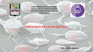 UNIVERSIDAD DE CARABOBO
FACULTAD DE ODONTOLOGIA
CIENCIAS MORFOFISIOLOGICAS
FISIOLOGIA
FISIOLOGIA DE LAS PLAQUETAS
DRA. MELINA SILVA
 