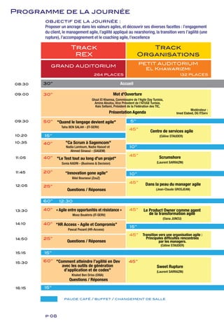 Track                                              Track
                         REX                                            Organisations
                                                                        PETIT AUDITORIUM
            GRAND AUDITORIUM
                                                                          El Khawarizmi
                                         264 PLACES                                                   132 PLACES

08:30   30”                                                Accueil

09:00   30”                                             Mot d'Ouverture
                                       Ghazi El Khamsa, Commissaire de l'Agile Day Tunisia,
                                         Amine Aloulou, Vice Président de l'ATUGE Tunisie,
                                         Kais Sellami, Président de la Fédération des TIC,
                                                                                                             Modérateur :
                                                    Présentation Agenda                            Imed Elabed, DG ITServ

09:30   50”    "Quand le langage devient agile"                    5”
                  Taha BEN SALAH - (IT-SERV)
                                                                  45”
                                                                                 Centre de services agile
10:20   15”                                                                             (Céline STAUDER)
10:35   40”         "Ca Scrum à Sagemcom"
                     Nadia Lamloum, Nadia Haouel et               10”
                        Ahmed Sinaoui - (SAGEM)
                                                                  45”
11:05   40”    "Le Test tout au long d'un projet"                                       Scrumshore
                  Sonia KADRI - (Business & Decision)                                 (Laurent SARRAZIN)


11:45   20”         “Innovation gone agile”                       10”
                         Bilel Bouraoui (ZouZ)
                                                                  45”         Dans la peau du manager agile
12:05   25”
                      Questions / Réponses                                           (Jean-Claude GROSJEAN)


        60”      12:30

13:30   40” « Agile entre opportunités et résistance »            45”       Le Product Owner comme agent
                         Moez Boukhris (IT-SERV)                               de la transformation agile
                                                                                          (Oana JUNCU)
14:10   40” “HR Access - Agile et Compromis”
                                                                  15”
                      Pascal Pezard (HR-Access)
                                                                  45”      Transition vers une organisation agile :
14:50   25”                                                                  Principales difficultés rencontrées
                      Questions / Réponses                                            par les managers.
                                                                                         (Céline STAUDER)

15:15   15”

15:30   60” "Comment atteindre l’agilité en Dev                  45”
                  avec les outils de génération                                       Sweet Rupture
                   d’application et de codes"                                         (Laurent SARRAZIN)
                         Khaled Ben Driss (OXIA)
                       Questions / Réponses
16:15   15”

                    paude café / buffet / changement de salle
 