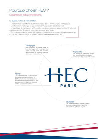 Pourquoi choisir HEC ?
L'excellence sans concessions

La réussite, moteur de notre ambition
+ Une formation d’excellence pluridisciplinaire qui donne accès aux plus hauts postes
+ Une formation multilangue et une école reconnue et établie à l’international
+ Une politique de partenariats actifs vers les entreprises assure un placement de 93% de nos
étudiants dans les 3 mois qui suivent leur sortie de notre école
+ 110 professeurs permanents et 85 professeurs affiliés issus de cultures hétéroclites permettant
d’obtenir l’ouverture d’esprit et l’exigence intellectuelle indispensable à HEC




                         Accompagner
                         Les entreprises à chaque étape de
                         leur développement, encourager leur
                         vitalité et leur ouvrir de nouvelles
                         opportunités et de nouveaux marchés,                                 Représenter
                         notamment à l’international                                          Les intérêts des entreprises auprès
                                                                                              des pouvoirs publics et créer un
                                                                                              environnement qui leur soit favorable




        Former
        Les collaborateurs et futurs dirigeants
        dont les entreprises ont besoin. La
        CCIP forment chaque année dans ses
        établissements d’enseignement 14 500
        jeunes dont 4 373 apprentis et 30000
        adultes en formation continue.




                                                                                  Développer
                                                                                  Une filière d’excellence dans le domaine
                                                                                  des congrès-expositions et accroître
                                                                                  l’attractivité de la Région-capitale.
 