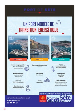 18
contact@portsuddefrance-sete.fr
www.sete.port.fr
P O RT D E S È T E
port de plaisance
port de pêche
port de commerce
Véhicules
100% électriques
Port multimodal:
maritime, fluvial
et ferroviaire
Port à énergie positive
4ha de couverture
photovoltaïque
Branchements
électriques à quai
Recyclage
des déchets
Recyclage du plastique
en mer
Pêche
raisonnée
Port connecté
Système de sécurité
embarqué à très
faible consommation
Actions
de sensibilisation
aux éco-gestes
Préservation
du milieu
naturel
un port modèle de
transition énergétique
 