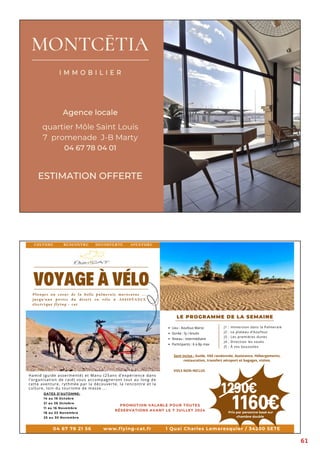 61
Plongez au coeur de la belle palmeraie marocaine ...
jusqu’aux portes du désert en vélo à ASSISTANCE
électrique flying - cat
Lieu : Aoufous Maroc
Lieu : Aoufous Maroc
Durée : 5j / 6nuits
Durée : 5j / 6nuits
Niveau : intermédiaire
Niveau : intermédiaire
Participants : 6 à 8p max
Participants : 6 à 8p max
1290€
1160€
Prix par personne basé sur
chambre double
RENCONTRE
CULTURE DECOUVERTE AVENTURE
Hamid (guide assermenté) et Manu (25ans d’expérience dans
l’organisation de raid) vous accompagneront tout au long de
cette aventure, rythmée par la découverte, la rencontre et la
culture, loin du tourisme de masse ...
VOYAGE À VÉLO
DATES D’AUTOMNE:
14 au 19 Octobre
21 au 26 Octobre
11 au 16 Novembre
18 au 23 Novembre
25 au 30 Novembre
LE PROGRAMME DE LA SEMAINE
Sont inclus : Guide, VAE randonnée, Assistance, Hébergements,
restauration, transfert aéroport et bagages, visites.
J1 : Immersion dans la Palmeraie
J2 : Le plateau d’Aoufous
J3 : Les premières dunes
J4 : Direction les souks
J5 : À vos boussoles
PROMOTION VALABLE POUR TOUTES
RÉSERVATIONS AVANT LE 7 JUILLET 2024
VOLS NON INCLUS
www.flying-cat.fr
04 67 78 21 56 1 Quai Charles Lemaresquier / 34200 SETE
 