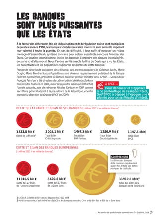 LES BANQUES 
SONT PLUS PUISSANTES 
QUE LES ETATS 
À la faveur des différentes lois de libéralisation et de dérégulation qui se sont multipliées 
depuis les années 1980, les banques sont devenues des monstres sans contrôle imposant 
leur volonté à toute la planète. En cas de difficulté, il leur suffit d’invoquer un risque 
menaçant l’ensemble du système bancaire pour obtenir aussitôt le concours financier des 
États. Ce soutien inconditionnel incite les banques à prendre des risques inconsidérés, 
on parle ici d’aléa moral. Nous l’avons vérifié avec la faillite de Dexia qui a vu les États, 
les collectivités et les populations supporter les pertes de cette banque. 
Preuve de cette toute puissance de la finance, des anciens banquiers de Goldman Sachs, Mario 
Draghi, Mario Monti et Lucas Papadémos sont devenus respectivement président de la Banque 
centrale européenne, président du conseil italien et premier ministre de la Grèce… Sans oublier 
François Pérol qui a été directeur de cabinet adjoint de Nicolas Sarkozy 
ministre des finances en 2004, avant de rejoindre la banque Rothschild 
l’année suivante, puis de retrouver Nicolas Sarkozy en 2007 comme 
secrétaire général adjoint à la présidence de la République, et enfin 
prendre la direction du Groupe BPCE en 2009 ! 
À BPCE… 
Pour dénoncer et s’opposer 
à ce pantouflage de François Pérol, 
Sud BPCE a déposé à l’époque une 
plainte pour prise illégale d’intérêt. 
DETTE DE LA FRANCE ET BILAN DE SES BANQUES [chiffres 2012 / en milliards d’euros] 
Au service de quelle banque sommes-nous ? – Sud BPCE, 2014 [3 
DETTE ET BILAN DES BANQUES EUROPÉENNES 
[chiffres 2012 / en milliards d’euros] 
8 600,6 Md € 
Dette des 17 États 
de la Zone Euro 
11 010,5 Md € 
Dette des 27 États 
de l’Union Européenne 
33 919,5 Md €2 
Total des actifs des 
banques de la Zone Euro 
2 008,1 Md € 
Total Bilan 
Crédit Agricole 
1 907,2 Md € 
Total Bilan 
BNP Paribas 
1 250,9 Md € 
Total Bilan 
Société générale 
1 147,5 Md € 
Total Bilan 
BPCE 
1 833,8 Md € 
Dette de la France1 
COMPRENDRE 
Les bilans des banques 
de la zone euro représentent 
quatre fois le total des dettes 
publiques de ces États. 
1 En 2014, la dette de la France a dépassé les 2 023 Md € 
2 Hors Eurosystème, c’est-à-dire hors la BCE et les banques centrales. C’est près de 4 fois le PIB de la Zone euro 
 