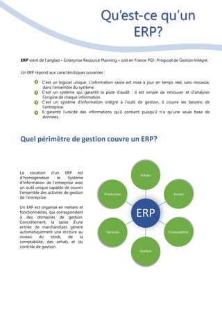 Qu’est-ce qu’un
ERP?
ERP vient de l’anglais « Enterprise Resource Planning » soit en France PGI : Progiciel de Gestion Intégré.
Un ERP répond aux caractéristiques suivantes :
C’est un logiciel unique. L’information saisie est mise à jour en temps réel, sans ressaisie,
dans l’ensemble du système.
C’est un système qui garantit la piste d’audit : il est simple de retrouver et d’analyser
l’origine de chaque information.
C’est un système d’information intégré à l’outil de gestion, il couvre les besoins de
l'entreprise.
Il garantit l’unicité des informations qu’il contient puisqu’il n’a qu’une seule base de
données.
Quel périmètre de gestion couvre un ERP?
La vocation d’un ERP est
d’homogénéiser le Système
d’Information de l’entreprise avec
un outil unique capable de couvrir
l’ensemble des activités de gestion
de l’entreprise.
Un ERP est organisé en métiers et
fonctionnalités, qui correspondent
à des domaines de gestion.
Concrètement, la saisie d’une
entrée de marchandises génère
automatiquement une écriture au
niveau du stock, de la
comptabilité, des achats et du
contrôle de gestion.
ERP
Achats
Ventes
Comptabilité
Gestion
Services
Production
 