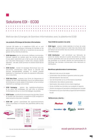 Solutions EDI - ECOD


Maîtrise des Echanges de Données Informatisées avec la plateforme ECOD

Les produits d’Echange de Données Informatisées                           Pack ECOD de soutien à la vente

L’activité EDI basée sur la plateforme ECOD, est un outil                 ECOD Agent : solution mobile destinée à la force de vente
d’optimisation des processus d’échange de données et de                   (ang. «SFA») de fournisseurs en visite chez des clients retail
gestion des contacts. ECOD est un ensemble de services de                 permettant de transmettre des documents commerciaux par
gestion de flux internes et externes.                                     voie électronique.

ECOD Opérateur gère les documents d’affaires (commandes,                  ECOD Distribution : outil permettant aux fabricants de
factures, rapports de ventes) selon les normes actuelles.                 suivre les stocks, factures et autres documents au niveau
Il vous averti notamment par e-mail ou par sms de l’arrivée               de leurs grossistes ainsi que de suivre les forces de vente
d’un document électronique. Il existe trois versions d’ECOD               des grossistes sur le terrain. Solution de communication et
Opérateur : site web, ECOD Connector et solution ECOD EDI clé             d’échange des données commerciales entre fabricants et
en main.                                                                  distributeurs.

ECOD Archive : module de stockage électronique pour vos
documents commerciaux. ECOD assure la sécurité des                        Bénéfices opérationnels et commerciaux
factures dématérialisées stockées. Le module propose
également un historique de toutes les opérations effectuées               -    Réduction des erreurs de saisies
sur un document.                                                          -    Conservation des données et garantie contre leur perte
                                                                          -    Dématérialisation des factures
ECOD Data Share : analyses sous forme de diagrammes et
tableaux de bord. Cette application fournit aux gestionnaires             -    Suivi de l’ensemble du flux d’informations (workflow)
de l’entreprise un accès rapide à l’information, ce qui constitue         -    Amélioration des relations partenaires
clairement un avantage concurrentiel.                                     -    Optimisation des stocks et de la chaîne logistique
                                                                          -    Accès immédiat aux données, aux analyses et rapports
ECOD Packaging : gestion des expéditions/réceptions
                                                                          -   Solution écologique et favorable au développement durable
et du retour des emballages. Cet outil offre un échange
d’informations-clé sur le circuit d’emballages recyclables.               -   Transparence du suivi d’activité au regard de l’administration
                                                                              fiscale
ECOD Tracker : contrôle de la transmission des données. Durant
le transfert des documents, la plateforme ECOD enregistre le
statut actuel du document considéré.                                      Références clients :
ECOD VMI : gestion automatisée des approvisionnements
chez le fournisseur en fonction des paramètres définis chez
le client.




        Flux de données électroniques pris en charge par le système EDI                           ecod-portal.comarch.fr

Solutions IT Innovantes
                                                                                                                                               09
 