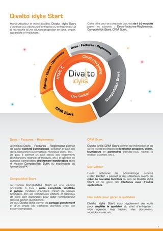 7
Divalto idylis Start
Devis – Factures – Règlements
Le module Devis – Factures – Règlements permet
de piloter l’activité commerciale : création et suivi des
devis, facturation automatisée, historique client, etc.
De plus, il permet un suivi précis des règlements
(échéanciers, relances d’impayés, etc.) et génère les
journaux comptables directement transférables dans
le module Comptabilité Start ou exportables au
format Excel™.
Comptabilité Start
Le module Comptabilité Start est une solution
accessible à tous : saisie comptable simplifiée
et guidée, modèles d’écriture, import de relevés
bancaires, etc. De nombreuses éditions et tableaux
de bord sont disponibles pour aider l’entrepreneur
dans sa gestion quotidienne.
De plus, Divalto idylis permet de partager gratuitement
et d’un simple clic certaines données avec son
expert-comptable.
Mono-utilisateur et mono-société, Divalto idylis Start
s’adresse aux créateurs d’entreprise ou entrepreneurs à
la recherche d’une solution de gestion en ligne, simple,
accessible et modulaire.
CRM Start
Divalto idylis CRM Start permet de mémoriser et de
suivre toutes les étapes de la relation prospects, clients,
fournisseurs et partenaires (rendez-vous, tâches à
réaliser, courriers, etc.).
Dev Center
L’outil optionnel de paramétrage avancé
« Dev Center » permet à des utilisateurs avertis de
créer de nouvelles fonctions au sein de Divalto idylis
Start et de gérer des interfaces avec d’autres
applications.
Des outils pour gérer le quotidien
Divalto idylis Start inclut également des outils
pour simplifier le quotidien du chef d’entreprise :
Mon agenda, Mes tâches, Mes documents,
Mon bloc-notes, etc.
Cette offre peut se composer au choix de 1 à 3 modules
parmi les suivants : Devis-Factures-Règlements,
Comptabilité Start, CRM Start.
Agenda-Tâches-Docu
m
ents
Devis - Factures - Règlement
s
C
om
ptabilitéStart
Dev Center
HTML5
Cloud co
m
puting
CRM
Start
7
 