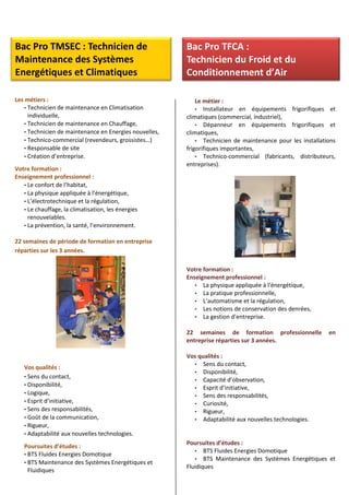 Bac Pro TMSEC : Technicien de
Maintenance des Systèmes
Energétiques et Climatiques
Les métiers :
• Technicien de maintenance en Climatisation
individuelle,
• Technicien de maintenance en Chauffage,
• Technicien de maintenance en Energies nouvelles,
• Technico-commercial (revendeurs, grossistes…)
• Responsable de site
• Création d’entreprise.
Votre formation :
Enseignement professionnel :
• Le confort de l’habitat,
• La physique appliquée à l’énergétique,
• L’électrotechnique et la régulation,
• Le chauffage, la climatisation, les énergies
renouvelables.
• La prévention, la santé, l’environnement.
22 semaines de période de formation en entreprise
réparties sur les 3 années.
Vos qualités :
• Sens du contact,
• Disponibilité,
• Logique,
• Esprit d’initiative,
• Sens des responsabilités,
• Goût de la communication,
• Rigueur,
• Adaptabilité aux nouvelles technologies.
Poursuites d’études :
• BTS Fluides Energies Domotique
• BTS Maintenance des Systèmes Energétiques et
Fluidiques
Bac Pro TFCA :
Technicien du Froid et du
Conditionnement d’Air
Le métier :
• Installateur en équipements frigorifiques et
climatiques (commercial, industriel),
• Dépanneur en équipements frigorifiques et
climatiques,
• Technicien de maintenance pour les installations
frigorifiques importantes,
• Technico-commercial (fabricants, distributeurs,
entreprises).
Votre formation :
Enseignement professionnel :
• La physique appliquée à l’énergétique,
• La pratique professionnelle,
• L’automatisme et la régulation,
• Les notions de conservation des denrées,
• La gestion d’entreprise.
22 semaines de formation professionnelle en
entreprise réparties sur 3 années.
Vos qualités :
• Sens du contact,
• Disponibilité,
• Capacité d’observation,
• Esprit d’initiative,
• Sens des responsabilités,
• Curiosité,
• Rigueur,
• Adaptabilité aux nouvelles technologies.
Poursuites d’études :
• BTS Fluides Energies Domotique
• BTS Maintenance des Systèmes Energétiques et
Fluidiques
 