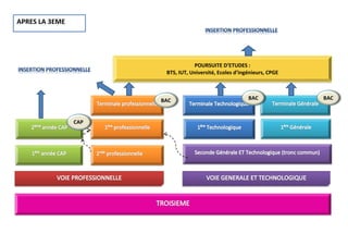 BAC
CAP
POURSUITE D’ETUDES :
BTS, IUT, Université, Ecoles d’ingénieurs, CPGE
BAC BAC
APRES LA 3EME
 