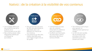 Nativiz : de la création à la visibilité de vos contenus
12
Création
• Une stratégie définie par
des professionnels de la
publicité, de la
communication, et du SEO.
• Des contenus (texte, vidéo,
infographie) réalisés par
une équipe de
journalistes.
• Des partenariats avec plus
de 300 sites généralistes et
spécialisés, pour une
diffusion sur-mesure de
vos contenus.
• Une présence sur des sites
médias diversifiés, pour
une image en ligne riche et
de qualité.
• Contrairement aux pop-
ups, vos contenus
s’inscrivent en cohérence
avec leurs supports.
• Ils offrent aux internautes
de l’information utile et
pertinente, liée à leurs
centres d’intérêt.
Visibilité
• Vos contenus sont conçus
pour garantir un
référencement optimal sur
Google.
• Le nom de votre société,
de vos produits et les
principaux mots-clés
pertinents pour votre
activité sont ciblés.
Publication Intégration
®Nativiz-2017
 