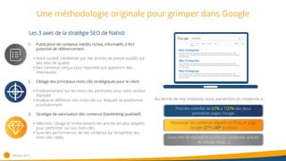 Une méthodologie originale pour grimper dans Google
15
Les 3 axes de la stratégie SEO de Nativiz
Au terme de nos missions, nous parvenons en moyenne à :
1. Publication de contenus inédits, riches, informatifs, à fort
potentiel de référencement
• Votre société crédibilisée par des articles de presse publiés sur
des sites de qualité.
• Des contenus conçus pour répondre aux questions des
internautes.
2. Ciblage des principaux mots-clés stratégiques pour le client
• Positionnement sur les mots-clés pertinents pour votre secteur
d’activité.
• Analyse et définition des mots-clés sur lesquels se positionner
prioritairement.
3. Stratégie de valorisation des contenus (backlinking qualitatif)
• Sélection, ciblage et renforcement des articles les plus adaptés
pour performer sur vos mots-clés.
• Suivi des performances de nos contenus sur l’ensemble des
mots-clés ciblés.
Mon Entreprise
Mon Entreprise, Mon Entreprise, Mon Entreprise, Mon Entreprise, Mon Entreprise, Mon
Entreprise. Mon Entreprise, Mon Entreprise, Mon Entreprise, Mon Entreprise, Mon Entreprise,
Mon Entreprise.
Mon Entreprise
Mon Entreprise, Mon Entreprise, Mon Entreprise, Mon Entreprise, Mon Entreprise, Mon
Entreprise. Mon Entreprise, Mon Entreprise, Mon Entreprise, Mon Entreprise, Mon Entreprise,
Mon Entreprise.
Mon Entreprise
Mon Entreprise, Mon Entreprise, Mon Entreprise, Mon Entreprise, Mon Entreprise, Mon
Entreprise. Mon Entreprise, Mon Entreprise, Mon Entreprise, Mon Entreprise, Mon Entreprise,
Mon Entreprise.
Prendre contrôle de 60% à 100% des deux
premières pages Google
Repousser les contenus négatifs en 3e ou 4e page
Google (21e à 40e position)
Diversifier l’e-réputation (contenus corporate, articles
de presse, blogs,…)
®Nativiz-2017
 