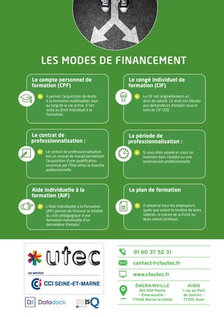 contact@cfautec.fr
www.cfautec.fr
ÉMERAINVILLE
Bld Olof Palme
- Émerainville -
77436 Marne-la-Vallée
AVON
1 rue du Port
de Valvins -
77210 Avon
LES MODES DE FINANCEMENT
01 60 37 52 31
Le contrat de
professionnalisation :
Le contrat de professionnalisation
est un contrat de travail permettant
l’acquisition d’une qualiﬁcation
reconnue par l’État et/ou la branche
professionnelle.
Le compte personnel de
formation (CPF)
Il permet l’acquisition de droits
à la formation mobilisables tout
au long de la vie active. Il fait
suite au Droit Individuel à la
Formation.
Le congé individuel de
formation (CIF)
Le CIF est originellement un
droit de salarié. Ce droit est étendu
aux demandeurs d’emploi sous le
nom de CIF CDD.
Aide individuelle à la
formation (AIF)
L’Aide Individuelle à la Formation
(AIF) permet de ﬁnancer la totalité
du coût pédagogique d’une
formation individuelle d’un
demandeur d’emploi.
Le plan de formation
Il concerne tous les employeurs,
quels que soient le nombre de leurs
salariés, la nature de activité ou
leurs statut juridique.
La période de
professionnalisation :
Si vous êtes salarié et visez un
maintien dans l’emploi ou une
reconversion professionnelle.
CCI SEINE-ET-MARNE
un service
 