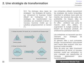 Stratégie
2. Une stratégie de transformation                                                                               Innovation
                                                                                                                Conception



                               G.S. Yip distingue deux types de                     Les entreprises utilisent couramment
                               stratégies : les stratégies de routine,              les stratégies de routine lorsqu’elles
                               qui conservent le business model                     cherchent à améliorer leurs parts de
                               effectif de l’entreprise, et les                     marché, leur structure des coûts, leur
                               stratégies de transformation (ou                     profitabilité. Ce faisant, elles ne
                               radicales), qui consistent à lancer un               changent pas leur business model.
                               nouveau business model qui se                        En effet,      améliorer ses parts de
                               substitue progressivement à l’ancien                 marché peut être obtenu en
                               (*).                                                 augmentant le budget publicité, en
                                                                                    lançant de nouveaux produits, en
      1. Changer de position ( de marché, etc. ) en conservant son business model
                                                                                    améliorant la satisfaction client etc.

                                                                                    Les entreprises ne recourent que plus
                Ex :
              10% de
                                  Stratégie de routine
                                                                 Ex :
                                                               15% de
                                                                                    rarement      aux    stratégies    de
              parts de
              marché
                                                               parts de
                                                               marché
                                                                                    transformation.
                                                                                    En général, elles y sont contraintes
         Position actuelle                                 Nouvelle position        lorsque l’environnement concurrentiel
                                                                                    dans lequel elles évoluent rend leur
      2. Changer de business model                                                  business model obsolète.
                                                                                    Dans de rares cas, elles choisissent
               Ancien                                           Nouveau
                                                                                    volontairement de lancer un nouveau
                                   Stratégie radicale
           business model                                    business model         business model par anticipation ou
                                                                                    pour s’adapter aux opportunités et
                                                                                    menaces        apparaissant     dans
       Ancien environnement                              Nouvel environnement       l’environnement.

18                                                                                          Business Model Fab
 