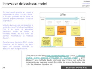 Stratégie
Innovation de business model                                                                        Innovation
                                                                                                   Conception



On peut aussi remettre en cause la
proposition de valeur pour les clients :
et si nous passions de la vente de
produits à la facturation de l’usage de
ce produit ?

Michelin, par exemple, est passé de la
vente de pneus Poids Lourds et Génie
Civil à la vente de kilomètres
parcourus, imitant ce faisant, le
business model de GE dans les
activités “locomotives” et “moteurs
d’avion”.

Dans le cadre d’activités B2C ; citons
l’exemple de la location de sacs,
bijoux de grandes marques ou
d’oeuvres d’art aux particuliers.


                              Consulter sur notre blog www.businessmodelfab.com l’article, “L’imitation
                              créative comme stratégie d’innovation de business model” , pour
                              découvirir une multitude d’autre exemples pour innover sur toutes les
                              composantes du business model : le modèle de revenu, la structure des
                              coûts, l’architecture de valeur, etc.
30                                                                             Business Model Fab
 