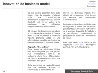 Stratégie
Innovation de business model                                                             Innovation
                                                                                        Conception



              Ce qui s’avère essentiel dans cette        élevée, les business models très
              étape, c’est la capacité d’adapter         aboutis et homogènes ; c’est le cas
              l’idée      aux         caractéristiques   par    exemple    des  plateformes
              différenciées et spécifiques du secteur    d’intermédiation.
              d’activité visé et de veiller à la
              cohérence         des        différentes   Cette démarche est aussi utile lorsque
              composantes du business model.             le diagnostic a révélé des faiblesses
                                                         pénalisantes au niveau de l’offre et/ou
              GE n’a pas été le premier à introduire     de la structure des coûts. Il s’agit alors
              le principe de la facturation à l’usage    de reconfigurer complètement la
              mais il a été le premier à rendre le       proposition de valeur et l’architecture
              modèle profitable grâce à une              de valeur.
              reformulation complète de toutes les
              composantes de son business model.         Pour cela nous nous inspirons de
                                                         l’approche “Océan Bleu” développée
              Approche “Ocean Bleu”                      par W.C. Kim et R. Mauborgne.
              Cette phase de génération d’idées
              peut être complétée par une phase,
              plus    introspective  celle-ci,   de
              recherche d’une forte différentiation
              par rapport aux concurrents et/ou une
              innovation de rupture.

              Cette démarche est particulièrement
              utile sur certaines activités où
              l’intensité de la concurrence est
31                                                                Business Model Fab
 