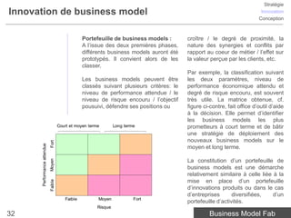 Stratégie
Innovation de business model                                                            Innovation
                                                                                       Conception



              Portefeuille de business models :        croître / le degré de proximité, la
              A l’issue des deux premières phases,     nature des synergies et conflits par
              différents business models auront été    rapport au coeur de métier / l’effet sur
              prototypés. Il convient alors de les     la valeur perçue par les clients, etc.
              classer.
                                                       Par exemple, la classification suivant
              Les business models peuvent être         les deux paramètres, niveau de
              classés suivant plusieurs critères: le   performance économique attendu et
              niveau de performance attendue / le      degré de risque encouru, est souvent
              niveau de risque encouru / l’objectif    très utile. La matrice obtenue, cf.
              pousuivi, défendre ses positions ou      figure ci-contre, fait office d’outil d’aide
                                                       à la décision. Elle permet d’identifier
                                                       les business models les plus
                                                       prometteurs à court terme et de bâtir
                                                       une stratégie de déploiement des
                                                       nouveaux business models sur le
                                                       moyen et long terme.

                                                       La constitution d’un portefeuille de
                                                       business models est une démarche
                                                       relativement similaire à celle liée à la
                                                       mise en place d’un portefeuille
                                                       d’innovations produits ou dans le cas
                                                       d’entreprises       diversifiées,   d’un
                                                       portefeuille d’activités.

32                                                               Business Model Fab
 