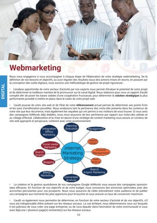 16
Webmarketing
Nous nous engageons à vous accompagner à chaque étape de l’élaboration de votre stratégie webmarketing. De la
définition de vos besoins et objectifs, au suivi régulier des résultats issus des actions mises en œuvre, en passant par
la conception des outils digitaux, nous suivons une méthodologie de gestion de projet rigoureuse :
• L’analyse approfondie de votre secteur d’activité par nos experts nous permet d’évaluer le potentiel de votre projet
et de déterminer la meilleure manière de le promouvoir sur le canal digital. Nous réalisons pour vous un rapport d’audit
complet afin de poser les bases solides d’une coopération fructueuse, pour déterminer la solution stratégique la plus
performante possible à mettre en place dans le cadre de votre projet web.
• L’audit poussé de votre site web et de l’état de votre référencement actuel permet de déterminer ses points forts
et les axes d’amélioration possibles. Nous analysons tant la pertinence des mots-clés présents dans les contenus de
votre site que leur récurrence, mais également les requêtes qui ont permis à vos visiteurs de vous trouver. Si vous avez
des campagnes AdWords déjà établies, nous nous assurons de leur pertinence par rapport aux mots-clés utilisés et
au ciblage effectué. L’élaboration et la mise en œuvre d’une stratégie de content marketing vous assure un contenu de
site web approprié et perspicace, cohérent avec votre positionnement.
• La création et la gestion quotidienne de vos campagnes Google AdWords vous assure des campagnes sponsori-
sées efficaces. En fonction de vos objectifs et de votre budget, nous concevons des annonces optimisées avec des
accroches percutantes pour vos prospects. Nous nous assurons de cibler précisément votre audience et de publier
vos campagnes aux moments les plus opportuns pour la toucher et vous assurer un taux de conversion maximum.
• L’audit va également nous permettre de déterminer, en fonction de votre secteur d’activité et de vos objectifs, s’il
vous est indispensable d’être présent sur les réseaux sociaux. Le cas échéant, nous déterminerons ceux sur lesquels
il est judicieux de vous créer une page entreprise, ou de vous épauler dans l’animation de votre communauté si vous
avez déjà une / plusieurs page(s) existante(s) sur les réseaux sociaux.
DIGITAL
 