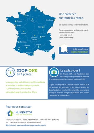 Une présence
sur toute la France.
Des agences sur tout le territoire national.
Contactez nous pour un diagnostic gratuit
sur nos sites internet :
• www.stop-one.fr
• www.humidistop.fr
En 4 points...
La suppression radicale des remontées capillaires
La solution la plus économique du marché
Certifié non nocif pour la santé
Un produit garanti constructeur 30 ans
Pour nous contacter
2 bis rue Marcel Doret - BUROLINES PARTNER - 31700 TOULOUSE-BLAGNAC
Tél. : 09 51 85 87 53 - E-mail: infos@humidistop.fr
Sites internet : www.humidistop.fr ou www.stop-one.fr
Le saviez vous ?
En France, 50% des habitations sont
touchées par des problèmes d’humidité.
Et beaucoup plus pour les maisons anciennes (85%).
D’après une enquête de l’Institut Pasteur, près de 85 %
des asthmes, des bronchites et des rhinites seraient dus
à des habitations trop humides. L’humidité pourrait ainsi
provoquer diverses allergies respiratoires tout comme
l’apparition de conjonctivites.
Demandez un
diagnostic gratuit
Paris
Lille
Caen
Strasbourg
Dijon
Lyon
Toulon
AvignonToulouse
Pau
Bordeaux
Poitiers
Nantes
rennes
Perpignan
Clermont-
Ferrand
 