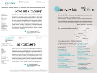 34 35
Quelle place reste-t-il à l’amour dans nos vies quand l’homme est devenu
une machine à consommer et à jouir ? Dennis Kelly est un observateur
cinglant de nos maux contemporains. À travers l’histoire d’un couple qui se
décompose, Love and money sonde la contamination des relations humaines
par les lois du marché. Dramaturge aussi inventif que caustique, son théâtre
n’est en rien didactique mais offre une matière de jeu drôlement stimulante :
par sa construction virtuose, en sept saynètes, sept moments de vie d’une
cruelle intensité, laissant de grands espaces à l’imaginaire. Blandine
Savetier, dont vous avez pu découvrir de nombreux spectacles à la Comédie
de Béthune, confie ici tous les rôles à cinq comédiens, affirmant là son goût
pour un théâtre de jeu jubilatoire.
MISE EN SCÈNE
blandine savetier
JEU
yannick choirat
laurent papot
julie pilod
irina solano
DRAMATURGIE
waddah saab
SCÉNOGRAPHIE
emmanuel clolus
blandine savetier
COSTUMES
olga karpinsky
CRÉATION LUMIÈRE
philippe berthomé
production Cie Longtemps je me suis couché de bonne heure coproduction CDN Besançon Franche-Comté, Théâtre national de Strasbourg, Théâtre du Rond-Point, Maison de la Culture
de Bourges, Le Phénix, Scène nationale de Valenciennes, Théâtre d’Arras avec le soutien de la DRAC et du Conseil régional du Nord – Pas de Calais.
dennis kelly / blandine savetier - cie longtemps je me suis couché de bonne heure
À PARTIR DE 15 ANS
DURÉE 1H30 ENVIRON
PARTENARIAT
AVEC LA VILLE D’AUCHELAUCHEL / LE CINÉ-THÉÂTRE
VEN 14 FÉVRIER
À 20H30
AUCHEL
BÉTHUNE
BRUAY-LA-BUISSIÈRE
HOUDAIN
MARLES-LES-MINES
RICHEBOURGLILLERS
DIVION
4
4
4
44
4
4
4
4
4
4RUITZ
MAISNIL-LES-RUITZ
Invitation au voyage
Poursuivez votre périple en empruntant les chemins Itinéraire bis dans les 12 communes
partenaires de notre projet de décentralisation théâtrale.
Voyages fantastiques, percutants, réjouissants ou voyage à l’intérieur de vous-mêmes,
découvrez un théâtre convivial et accessible à tous qui donne à réfléchir et à rêver.
Escale à ne pas manquer : notre création de territoire, Friends de Nicolas Ducron, qui vous
emmènera sur les sentiers d’un théâtre joyeux, festif et musical sur le thème de l’amitié.
Nathalie Charpentier et Thierry Roisin
les communes partenaires
BEUVRY
4on vous emmène !
Navette aller/retour au départ de Béthune
RÉSERVATIONS À L’ACCUEIL
Amis de longue date, les créateurs du Petit Théâtre Baraque et du Cirque
Trottola se retrouvent le temps d’un projet. Ils mettent en commun leur
goût pour le cirque traditionnel, le burlesque et la prouesse technique sur
une piste aux dimensions d’un mouchoir de poche. Dans une arène entourée
d’un gradin à forte pente, clowns et acrobates enchaînent numéros de voltige,
jonglage, portés, dressage de chiens, qui plongent dans les mythes et peurs
ancestrales du monde forain. La magie du spectacle réside dans une alchimie
parfaite entre la poésie du cirque à l’ancienne, les figures bien marquées de
ces étranges bêtes de foire et une bonne dose d’autodérision dans la mise
en scène de soi, de la force et du risque. Frissons de tous ordres garantis !
AVEC
nigloo
titoune
bonaventure
branlotin
mads
MUSICIENS
thomas barrière,
bastien pelenc
AVEC LA COLLABORATION
D’alain mahé
RÉGIE GÉNÉRALE ET LUMIÈRE
nicotin
COSTUMES
anne jonathan
production Cirque Trottola, Petit Théâtre Baraque coproduction Scène nationale d’Albi, Scène nationale de Besançon, le Sirque, Pôle National des Arts du Cirque de Nexon Limousin, Carré
Magique Lannion Trégor, Pôle National des Arts du Cirque en Bretagne, Pronomade(s) en Haute Garonne - Centre National des Arts de la Rue, Agora, Pôle National des Arts du Cirque de
BoulazacAquitaine,Marseille-Provence2013-CapitaleEuropéennedelaCulture,Théâtre d’Arles,Scèneconventionnéepour les écritures d’aujourd’hui,CIRCa,PôleNationaldes Arts duCirque
Auch Gers Midi-Pyrénées, La Verrerie d’Alès, Pôle National des Arts du Cirque Languedoc-Roussillon, Cirque-Théâtre d’Elbeuf - Pôle National des Arts du Cirque Haute-Normandie, Les Treize
Arches - Scène conventionnée de Brive.
cirque trottola et
petit théâtre baraque
À PARTIR DE 8 ANS
DURÉE 1H40
PARTENARIAT
AVEC LE PRATO
LILLE / SOUS CHAPITEAU,
GARE SAINT-SAUVEUR
MER 9 AVRIL
À 20H
on vous emmène !
Navette aller/retour au départ de Béthune
RÉSERVATIONS À L’ACCUEIL
LA COUTURE, 03 21 26 79 23
> SALLE DES FÊTES, RUE DU RIETZ
LILLERS, 03 21 61 64 64
> LE PALACE, RUE D’AIRE
MAISNIL-LES-RUITZ, 03 21 27 90 06
> SALLE POLYVALENTE, 1 RUE DE LA PLACE
MARLES LES MINES, 03 21 01 74 30
> EHPAD, RUE DU SIROCCO
> MAISON POUR TOUS, RUE DE BAYONNE
RICHEBOURG, 03 21 61 90 30
> SALLE POLYVALENTE LÉON DEKEUWER, 9 RUE DE LA BRIQUETERIE
RUITZ, 03 21 52 01 07
> SALLE DES ASSOCIATIONS, RUE DE BRUAY
> SALLE DES FÊTES, RUE DE BRUAY
COMÉDIE DE BÉTHUNE, 03 21 63 29 19
www.comediedebethune.org
> STUDIO THÉÂTRE, PLACE FOCH
Les réservations se font directement auprès
des villes qui accueillent les spectacles. Merci de
vérifier auprès d’elles les horaires, lieux et tarifs
des représentations.
AUCHEL, 03 21 61 92 03
> L’ODÉON, BOULEVARD DE LA PAIX
BÉTHUNE, 03 21 64 37 37
> CENTRE ROSA LUXEMBURG, 318 RUE DE LILLE
> MÉDIATHÈQUE ELIE WIESEL, PLACE CLÉMENCEAU
> SALLE DES CHEMINOTS, CHEMIN DU PARADIS
> MAISON DES ASSOCIATIONS, 121 BOULEVARD DES ÉTATS-UNIS
BEUVRY, 03 21 65 17 72
> PRÉVÔTÉ DE GORRE, RUE HAMEL
BRUAY-LA-BUISSIÈRE, 03 59 41 34 00
> MÉDIATHÈQUE, RUE DU PÉRIGORD
> SALLE GEORGES HURTREL, RUE JEAN JAURÈS (LA BUISSIÈRE)
DIVION, 03 21 61 91 75
> SALLE DES FÊTES LA CLARENCE, RUE OSCAR SIMON
HOUDAIN, 03 21 61 92 30
> MAISON DES JEUNES ET DE LA VIE ASSOCIATIVE, 5 PLACE DE LA MARNE
> SALLE DES FÊTES, 8 RUE ROGER SALENGRO
renseignements et réservations
CONTACT Itinéraire bis :
nathalie charpentier 03 21 63 29 05
n.charpentier@comediedebethune.org
LA COUTURE
 