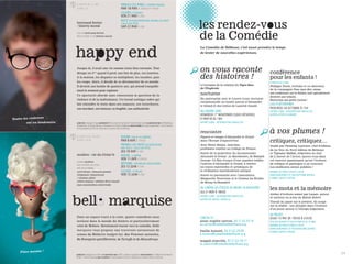 À PARTIR DE 13 ANS
DURÉE 1H
Dans un espace tracé à la craie, quatre comédiens nous
invitent dans le monde du théâtre et particulièrement
celui de Molière. Résolument tourné vers la comédie, Belle
marquise vous propose une traversée savoureuse de
scènes du Médecin malgré lui, des Femmes savantes,
du Bourgeois gentilhomme, de Tartuffe et du Misanthrope.
DIVION / SALLE LA CLARENCE
MAR 8 AVR À 19H30
MAISNIL-LES-RUITZ EN ASSOCIATION
AVEC RUITZ / SALLE DES FÊTES
JEU 10 AVR À 18H 
AUCHEL / L’ODÉON
VEN 11 AVR À 20H30 
BÉTHUNE / MAISON DES ASSOCIATIONS
JEU 12 JUIN À 20H
LILLERS / LE PALACE
VEN 13 JUIN À 20H
À PARTIR DE 10 ANS
DURÉE 1H10
molière / cie du Créac’h
D’APRÈS molière
MISE EN SCÈNE COLLECTIVE
AVEC EN ALTERNANCE
cyril brisse / françois godart
stéphanie cliquennois
/ violaine pillot
céline dupuis / adeline fleur-baude
jean-maximilien sobocinski
production Compagnie du Créac’h en partenariat avec l’ACSE, pratiques langagières remerciements à La Maison Folie Hospice
d’Havré – Ville de Tourcoing avec le soutien du Conseil général du Pas-de-Calais dans le cadre de l’aide à la diffusion
Jusque-là, il avait une vie somme toute bien normale. Tout
dérape en 3ème
quand il perd, une fois de plus, ses lunettes.
À la maison, les disputes se multiplient, les insultes, puis
les coups. Alors, il décide de se déconnecter de ce monde.
Il devient une bombe de quatorze ans, qui attend tranquille-
ment le moment pour exploser.
Ce spectacle aborde sans concession la question de la
violence et de la maltraitance. Un travail scénique sobre qui
fait entendre le texte dans ses nuances, ses écorchures,
son mordant, son humour, sa fragilité, son authenticité.
MARLES-LES-MINES / L’ODÉON D’AUCHEL
MAR 18 MAR À 10H30 et 14H30
LILLERS / LE PALACE
VEN 21 MAR À 20H 
RUITZ EN ASSOCIATION AVEC MAISNIL-LES-RUITZ
/ SALLE DES FÊTES
SAM 22 MAR À 20H
bertrand ferrier
/ thierry moral
TEXTE DE bertrand ferrier
MISE EN SCÈNE ET JEU thierry moral
production Compagnie Filage coproduction Pôle Culturel d’Arras Ouest et Ville de Grande-Syntheenpartenariatavec la Médiathèque
d’Armentières, le Temple de Bruay-la-Buissière et le CCA de La Madeleine avec le soutien du Conseil régional Nord - Pas de Calais et
du Conseil général du Pas-de-Calais dans le cadre de l’aide à la diffusion
39
on vous raconte
des histoires !
à l’occasion de la création du Tigre bleu
de l’Euphrate
nocturne
En partenariat avec le Louvre-Lens, nocturne
exceptionnelle au musée autour d’Alexandre
le Grand et des textes de Laurent Gaudé.
AU LOUVRE-LENS
VENDREDI 1ER
NOVEMBRE (SOUS RÉSERVE)
À PARTIR DE 18H
ENTRÉE LIBRE - RÉSERVATION CONSEILLÉE
rencontre
Figures et images d’Alexandre le Grand
dans l’Europe d’aujourd’hui
Avec Pierre Briant, historien,
professeur émérite au Collège de France
Suivie de la projection du documentaire
Alexandre le Grand - Le Macédonien, de Bernard
George. Ce film évoque d’une manière inédite
l’univers d’Alexandre le Grand, à travers
les traces matérielles et artistiques de
la civilisation macédonienne antique.
Soirée en partenariat avec l’association
Marguerite Yourcenar et le Cinéma les Étoiles
de Bruay-la-Buissière
AU CINÉMA LES ÉTOILES DE BRUAY-LA-BUISSIÈRE
JEU 21 NOV À 18H30
ENTRÉE LIBRE - RÉSERVATION CONSEILLÉE
AUPRÈS DE MAGALI SOMVILLE
conférence
pour les enfants !
À PARTIR DE 8 ANS
Philippe Dorin, écrivain et co-directeur
de la compagnie Pour ainsi dire, anime
une conférence sur le théâtre tout spécialement
destinée aux enfants.
Bienvenue aux petits curieux !
LIEU À DÉTERMINER
MERCREDI 30 OCTOBRE À 15H
ENTRÉE LIBRE - RÉSERVATION CONSEILLÉE
AUPRÈS D’ÉMILIE HONORÉ
à vos plumes !
critiquez, critiquez…
Guidé par Christian Larivière, chef d’édition
de La Voix du Nord édition de Béthune
et Tiphaine Malfait, rédactrice en chef
de L’Avenir de l’Artois, lancez-vous dans
cet exercice passionnant qu’est l’écriture
de critique et participez à un concours.
Les meilleures seront publiées !
NOMBRE DE PARTICIPANTS LIMITÉ
RENSEIGNEMENTS ET INSCRIPTIONS AUPRÈS
D’ANNE-SOPHIE CARTON
les mots et la mémoire
Atelier d’écriture animé par Lazare, auteur
et metteur en scène de Rabah Robert.
Travail du passé sur le présent, du songe
sur la réalité : une plongée dans l’écriture
d’un jeune auteur à l’énergie fulgurante.
AU PALACE
JEUDI 15 MAI DE 19H30 À 22H30
ATELIER OUVERT À TOUS À PARTIR DE 16 ANS
NOMBRE DE PARTICIPANTS LIMITÉ
RENSEIGNEMENTS ET RÉSERVATIONS AUPRÈS
D’ANNE-SOPHIE CARTON
La Comédie de Béthune, c’est aussi prendre le temps
de tenter de nouvelles expériences.
CONTACTS :
anne-sophie carton, 03 21 63 29 14
as.carton@comediedebethune.org
émilie honoré, 03 21 63 29 09
e.honore@comediedebethune.org
magali somville, 03 21 63 29 17
m.somville@comediedebethune.org
de la Comédie
les rendez-vous
ont un lendemain.*
Pièce montée !
Toutes les violences
*VICTORHUGO
 