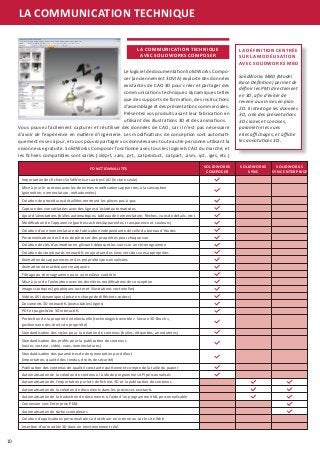 10
LA COMMUNICATION TECHNIQUE
LA COMMUNICATION TECHNIQUE
AVEC SOLIDWORKS COMPOSER
FONCTIONNALITÉS
Importation des fichiers SolidWorks et autres CAO (lecture seule)
Filtrage du chronogramme pour un meilleur contrôle
Création d’une nomenclature de fabrication indépendante de celle du bureau d’études
Standardisation des styles pour la création de contenus (bulles, étiquettes, annotations)
Capture des vues éclatées avec des lignes d’éclaté automatisées
Vidéos AVI dynamiques (prise en charge de différents codecs)
Création d’applications personnalisées à distribuer en interne ou sur le site Web
Création de storyboards interactifs en ajoutant des liens vers des vues appropriées
Automatisation de la création de contenu à l’aide de programmes API personnalisés
Automatisation de la traduction de documents à l’aide d’un programme XML personnalisable
Mise à jour de l’animation avec les dernières modifications de conception
Connexion vers Enterprise PDM
Personnalisation des listes de pièces et des propriétés pour chaque vue
Ajout d’annotations (bulles automatiques, tableau de nomenclature, flèches, vues de détails, etc.)
Documents 3D interactifs (exécutables légers)
Insertion d’un modèle 3D dans un environnement réel
Animation des apparences et des propriétés personnalisées
Standardisation des profils pour la publication de contenus
(raster, vecteur, vidéo, vues, nomenclatures)
Standardisation des paramètres de documentation par défaut
(importation, qualité des rendus, droits de sécurité)
Protection de la propriété intellectuelle (technologie brevetée « Secure 3D Brush »,
gestionnaire des droits de propriété)
Mise à jour le contenu avec les dernières modifications apportées à la conception
(géométrie, nomenclature, métadonnées)
Création de procédures détaillées montrant les pièces pas-à-pas
Images statiques (graphiques raster et illustrations vectorielles)
Automatisation de tâches complexes
Création de clés d’animation en glissant-déposant les vues sur un chronogramme
Publication des contenus de qualité constante qui tiennent compte de la taille du papier
Automatisation de la création de documents dans les processus existants
Modification de l’apparence (parties cachées/apparentes, transparence et couleurs)
PDF et pages Web 3D interactifs
Animation interactive avec marqueurs
Automatisation de l’importation par lots de fichiers 3D et la publication de contenus
SOLIDWORKS
COMPOSER
SOLIDWORKS
SYNC
SOLIDWORKS
SYNC ENTERPRISE
LA DÉFINITION CENTRÉE
SUR LA MODÉLISATION 
AVEC SOLIDWORKS MBD
SolidWorks MBD (Model
Base Definition) permet de
définir les PMI directement
en 3D, afin d’éviter de
revenir aux mises en plan
2D. Il interroge les données
3D, crée des présentations
3D claires et concises,
paramètre les vues
etles affichages, et affiche
les annotations 3D.
Le logiciel de documentation SolidWorks Compo-
ser (anciennement 3DVIA) exploite des données
existantes de CAO 3D pour créer et partager des
communications techniques dynamiques telles
que des supports de formation, des instructions
d’assemblage et des présentations commerciales.
Présentez vos produits avant leur fabrication en
utilisant des illustrations 3D et des animations.
Vous pouvez facilement capturer et réutiliser des données de CAO, car il n’est pas nécessaire
d’avoir de l’expérience en matière d’ingénierie. Les modifications de conception sont automati-
quement mises à jour, et vous pouvez partager vos données avec toute autre personne utilisant la
visionneuse gratuite. SolidWorks Composer fonctionne avec tous les logiciels CAO du marché, et
les fichiers compatibles sont variés (.sldprt, .iam, .prt, .catproduct, .catpart, .asm, .ipt, .iges, etc.)
 