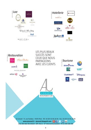 8
AJ Conseil - 71, rue Fondary - 75015 Paris - Tél 33 (0)1 53 95 26 95 - Fax 33 (0)1 53 95 26 99
www.ajconseil.fr - ajconseil.blogspirit.com -
Siret 390 586 196 00029 - APE 7022 Z - N° Intercommunautaire : FR 55 390 586 196
Luxe Hotellerie
Tourisme
LES PLUS BEAUX
SUCCÈS SONT
CEUX QUE NOUS
PARTAGEONS
AVEC LES CLIENTS
Restauration
Listenonexhaustive
Listenonexhaustive
Listenonexhaustive
Listenonexhaustive
 