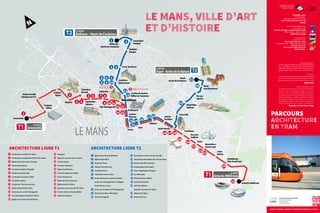 Haute Venelle
Clinique du Pré
Campus
Ribay
Cadran
Épine
Hôpital
Théodore
Monod
Gambetta -
Mûriers
Lafayette
Cité Plantagenêt
Préfecture
Gares
Zola
Viaducs
Jaurès -
Pavillon
Guetteloup -
Pôle Santé Sud
Jules
Raimu
Glonnières -
Centre Sud
Durand -
Vaillant
Pontlieue
Jacobins-
Quinconces
Croix de Pierre
Maillets -
Banjan
Zamenhof-
Maillets
Épau -
Gué Bernisson
Île aux
Sports
Churchill
Saint-Martin
3
2
Comtes du Maine-
Office de Tourisme
Atlantides -
Sablons
19
24
20
République
Leclerc-
Fleurus
25
ENCEINTE ROMAINE, CANDIDATE AU PATRIMOINE MONDIAL DE L’UNESCO
PARCOURS
ARCHITECTURE
EN TRAM
Accueil touristique et patrimonial
Maison du Pilier-Rouge
41/43 Grand'Rue
Tél. : 02 43 47 40 30
République
Goya
1
Université
Antarès-MMArena
Maison du
Pilier Rouge
Office de Tourisme
21
19
20
21
22
75
4
1 2
3 4
5 6 7
6
1 	 Architecture et label XXe
siècle
2 	 Architecture hospitalière XIXe
et XXe
siècles
3 	 Église Saint-Pavin-des-Champs
4 	 Maisons balnéaires
5 	 Ancienne fonderie Chappée
6 	 Maisons de tisserands
7 	 Immeuble Lecouteur (1954)
8 	 Enceinte romaine
9 	 Crypte des Thermes romains
10	 Église Saint-Benoît (1910)
11	 Accès bas de la Cité Plantagenêt
12	 Grands Magasins (label XXe
siècle)
13	 Église et couvent de la Visitation
14	 Autogare
15	 Église et couvent de la Couture
16	 Cité du Cirque
17	 Pont des Vendéens
18	 Église Saint-Martin
19	 Archives départementales
20	 École Mauboussin
21	 Église du Christ-Sauveur
22	 Église Sainte-Thérèse
23	 Quartiers nouveaux du XXe
siècle
24	 Ancien relais de chasse Bollée
25	 MMarena-Antarès
1 	 Église Saint-Paul de Bellevue
2 	Église Saint-Aldric
3 	Musée de Tessé
4 	Abbaye Saint-Vincent
5 	 Les Quinconces
6 	 Cathédrale Saint-Julien
7 	 Ancien palais des comtes du Maine
	 et des rois Plantagenêts et collégiale
	 Saint-Pierre-la-Cour
8 	Accès au haut de la Cité Plantagenêt
9 	Musée de la Reine-Bérengère
10 	Carré Plantagenêt
11	 Pyramide inversée, Percée centrale
12	 Empreintes des pilotes des 24 H du Mans
13	Ancien asile Étoc-Demazy
14	Grande galerie de la gare
15	Tour d'aiguillage de la gare
16	Les Mancelles
17	Hôtel-Dieu de Coëffort
18	Quartier Paixhans
19	 ZUP des Sablons -
	 Quartier nouveau XXe
siècle
20	 Abbaye de l'Épau
21	 Maison de l'Eau
ARCHITECTURE LIGNE T1 ARCHITECTURE LIGNE T2
LE MANS, VILLE D'ART
ET D'HISTOIRE
VilleduMans
Accueiltouristiqueetpatrimonial,
villed'artetd'histoire.
MaisonduPilier-Rouge-41/43Grand'Rue
Arrêt:Jacobins-Quinconces
Tél.0243474030
www.lemans.fr
OfficedeTourisme
Ruedel’Étoile-72000LeMans
Arrêt:ComtesduMaine-OfficedeTourisme
Tél.0243281722
www.lemanstourisme.com
Setram
Agencecommercialeetespaceclients
65AvenueduGénéraldeGaulle
72000Mans(Le)
Arrêt:République
lemansunemarque
LeMansUneMarque
Applicationdisponiblesur
AppleStoreetGooglePlay
VillesetPaysd’artetd’histoire
LeministèredelaCultureetdelaCommunication,Direction
del’ArchitectureetduPatrimoine,attribuel’appellationVilles
etPaysd’artetd’histoireauxcollectivitésterritorialesqui
animentleurpatrimoine.Ilgarantitlacompétencedesguides
conférenciersetdesanimateursduPatrimoineetlaqualitédes
animationsdéveloppées.Aujourd’hui,unréseaude180villes
etpaysvousoffresonsavoir-fairesurtoutelaFrance.
CedocumentaétéconçuparleserviceTourismeetPatrimoine
duMans,Villed’Artetd’Histoire.
Àproximité
Laval,LePerchesarthois,Angers,Saumur,Vendôme,Nantes,
ValléeduLoir,Coëvrons-Mayenne,Fontenay-le-Comte,Guérande
etVignoblenantaisbénéficientdel’appellationVillesetPaysd’art
etd’Histoire.
Vousaimezvotrevilleetvousvoulezincitervosamis
àvenirladécouvrir,donnezleurleguidetouristique
etpatrimonialduMans,Villed'artetd'histoire.Ilest
disponiblegratuitementàlamaisonduPilier-Rougeou
àl'OfficedeTourisme.
8
9 10 11
23
8 9 10
11
12
N
Réalisation/Photos:communicationexterneVDM/LMM/Ad’hoc/IPNS2016
12
14
16
13
15
17 18
13 14
15
16
17 18
Bellevue -
Hauts de Coulaines
Espal -
Arche de la Nature
 