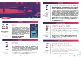 SEPTEMBRE
EXPOSITION
CONCERT
CONFÉRENCE
CONFÉRENCE MUSICALE
JEUX VIDÉO
Toute l’histoire du microsillon, principal support de
diffusion d’enregistrements sonores commerciaux
pendantlasecondemoitiédu20ème
siècle.Onyaborde
autantlesmodesdefabricationquel’économieetl’art
graphique qui a servi de support aux artistes et aux
maisons de disques. L’exposition présente aussi les
différents types de vinyles : du 78 tours au Vinyle
Souple, en passant par le Picture Disc. 
Producteur - présentateur de « La Conversation scientifique »  sur France
Culture, Etienne Klein a publié une trentaine d’ouvrages notamment sur la
physique et la question du temps. En 2020 est sorti Le goût du vrai, un court
essai sur notre rapport complexe à la vérité scientifique pendant la crise sani-
taire, écrit en réaction à la propagation des avis qui commencent par : « je ne
suispasmédecin mais...»,etquiparlentavecassurancedeschosesméconnues.
Dans le prolongement des Siestes Musicales, Bain sonore esquisse une
symbiose sonore entre artistes et public autour du lâcher-prise, de la détente
et du voyage intérieur. Une forme de concert Chill out de 50 minutes, permet-
tant au public d’entrer et de sortir librement, dans un moment de douceur, de
plénitude et de surprise, inspiré par la culture amérindienne.
Enécoutantdesextraitsd’œuvresde Mozart,nousentendronscomment chaque
concerto, sous sa plume, devient un opéra, comment il arrive à créer un décor
dans lequel se rencontrent au moins deux personnages : l’instrument soliste
et l’orchestre qui l’accompagne.  
À partir du samedi 25 septembre, la bibliothèque offre un nouveau service de
jeux vidéo sur place : sur PS4 et Nintendo Switch, un espace de jeux est désor-
maisdisponibleàlabibliothèquepoursedétendre,essayerdesjeux,découvrir,
dans le respect de la charte de bonne utilisation.
VINYLE 2.0
LA QUESTION : «AVONS-NOUS PERDU LE GOÛT DU VRAI ?»
INTERMEZZO : MOZART ET LE CONCERTO
OUVERTURE DU SERVICE JEUX VIDÉO
À LA BIBLIOTHÈQUE DIANE-DE-POITIERS
BAIN SONORE
Exposition prêtée par la Médiathèque
Départementale de l’Essonne.
Cycle de conférences organisées par la Bibliothèque intercommunale Diane-de-
Poitiers et Philippe Beaune, professeur émérite à l’Université Paris-Descartes. 
Sur réservation au 01 64 94 05 65
Par la Compagnie Sabdag
Par Etienne Klein, physicien, docteur en Philosophie des Sciences, directeur de
recherche au CEA  (Commissariat à l’Energie Atomique et aux Energies Alterna-
Par Charles Limouse, professeur au Conservatoire à Rayonnement Intercommu-
nal et chef d’orchestre des musiciens d’OSE.
Pour inaugurer cette nouveauté, rendez-vous dès 14h pour un tournoi !
Dans le cadre des Journées Européennes du Patrimoine, en partenariat avec
le service Patrimoine-Pays d’art et d’histoire de l’Étampois.
En partenariat avec le Conservatoire à Rayonnement Intercommunal et en
prélude aux concerts des Musiciens d’OSE les 9 et 10 octobre, programmés
par le Théâtre intercommunal. 
Horaires d’ouverture
de la bibliothèque
Étampes
Diane-de-Poitiers
Tout public
20h30
Étampes
Théâtre
intercommunal
Dès 15 ans
16h30
Étampes
Diane-de-Poitiers
Tout public
14h30
Étampes
Diane-de-Poitiers
Tout public
Dès 14h
Étampes
Diane-de-Poitiers
Tout public
30
OCT
07
SEP
21
SEP
18
SEP
25
SEP
25
SEP
DU AU
MAR
SAM
SAM
SAM
24 25
 