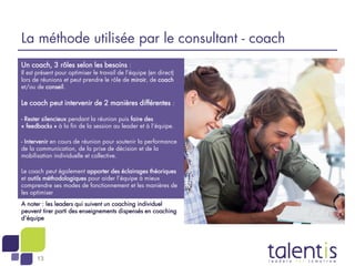 13
La méthode utilisée par le consultant - coach
Un coach, 3 rôles selon les besoins :
Il est présent pour optimiser le travail de l’équipe (en direct)
lors de réunions et peut prendre le rôle de miroir, de coach
et/ou de conseil.
Le coach peut intervenir de 2 manières différentes :
- Rester silencieux pendant la réunion puis faire des
« feedbacks » à la fin de la session au leader et à l’équipe.
- Intervenir en cours de réunion pour soutenir la performance
de la communication, de la prise de décision et de la
mobilisation individuelle et collective.
Le coach peut également apporter des éclairages théoriques
et outils méthodologiques pour aider l’équipe à mieux
comprendre ses modes de fonctionnement et les manières de
les optimiser
A noter : les leaders qui suivent un coaching individuel
peuvent tirer parti des enseignements dispensés en coaching
d’équipe
 