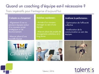 8
Quand un coaching d’équipe est-il nécessaire ?
Talentis | 2016
Trois impératifs pour l’entreprise d’aujourd’hui
S’adapter au changement
- Alignement d’une ou
plusieurs équipes autour
d’un nouveau projet
stratégique ou de
fonctionnement.
- Mise en place d’une
nouvelle équipe
Mobiliser rapidement :
- Arrivée d’un nouveau
manager au sein d’une
équipe.
- Mise en place de projets de
changements ambitieux et à
long terme
Améliorer la performance :
- Optimisation de l’efficacité
collective
- Amélioration de la
communication au sein des
équipes.
 