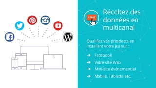 Récoltez des
données en
multicanal
Qualifiez vos prospects en
installant votre jeu sur :
➔ Facebook
➔ Votre site Web
➔ Mini-site événementiel
➔ Mobile, Tablette etc.
 