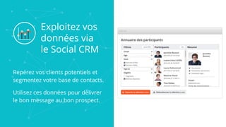 Exploitez vos
données via
le Social CRM
Repérez vos clients potentiels et
segmentez votre base de contacts.
Utilisez ces données pour délivrer
le bon message au bon prospect.
 