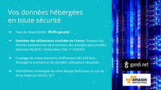 Vos données hébergées
en toute sécurité
➔ Taux de disponibilité : 99,9% garanti
➔ Données des utilisateurs stockées en France. Respect des
normes européennes de protection des données personnelles
(directive 95/46/C). Déclaration CNIL n°1526457.
➔ Cryptage de niveau bancaire (chiffrement AES 256 bits) :
Stockage et transaction de données utilisateurs sécurisés
➔ Intervention immédiate de notre équipe technique en cas de
force majeure 24h/24, 7j/7.
 