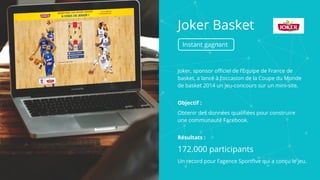 Joker Basket
Instant gagnant
Joker, sponsor officiel de l’Equipe de France de
basket, a lancé à l’occasion de la Coupe du Monde
de basket 2014 un jeu-concours sur un mini-site.
Objectif :
Obtenir des données qualifiées pour construire
une communauté Facebook.
Résultats :
172.000 participants
Un record pour l’agence Sportfive qui a conçu le jeu.
 