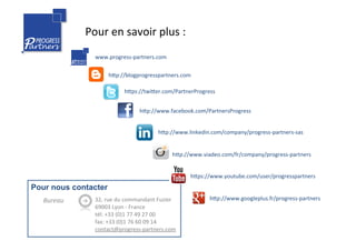 Pour	
  en	
  savoir	
  plus	
  :	
  
32,	
  rue	
  du	
  commandant	
  Fuzier	
  
69003	
  Lyon	
  -­‐	
  France	
  
tél:	
  +33	
  (0)1	
  77	
  49	
  27	
  00	
  
fax:	
  +33	
  (0)1	
  76	
  60	
  09	
  14	
  	
  	
  	
  	
  	
  
contact@progress-­‐partners.com	
  
Pour nous contacter
Bureau	
  
hhps://twiher.com/PartnerProgress	
  
hhp://www.facebook.com/PartnersProgress	
  
hhp://www.linkedin.com/company/progress-­‐partners-­‐sas	
  
www.progress-­‐partners.com	
  
hhp://www.viadeo.com/fr/company/progress-­‐partners	
  
hhp://blogprogresspartners.com	
  
hhps://www.youtube.com/user/progresspartners	
  
hhp://www.googleplus.fr/progress-­‐partners	
  	
  
 