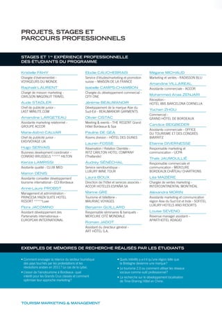 TOURISM MARKETING & MANAGEMENT
PROJETS, STAGES ET
PARCOURS PROFESSIONNELS
STAGES ET 1re
EXPÉRIENCE PROFESSIONNELLE
DES ÉTUDIANTS DU PROGRAMME
Kristelle FAHY
Chargée d’événementiel -
VOYAGEURS DU MONDE
Raphaël LAURENT
Chargé de mission marketing -
CARLSON WAGONLIT TRAVEL
Aude STADLER
Chef de publicité junior -
LAST MINUTE.COM
Amandine LARGETEAU
Assistante marketing relationnel -
GROUPE ACCOR
Marie-Astrid CALVAR
Chef de publicité junior -
EASYVOYAGE UK
Hugo SERVAIS
Business development coordinator -
CONRAD BRUSSELS ***** HILTON
Kenza LAMRISSI
Assitante qualité - CLUB MED
Marion DENIS
Assistante conseiller développement
tourisme international - CCI Bordeaux
Anne-Laure PROBST
Management et administration -
PRINCESA YAIZA SUITE HOTEL
RESORT *****Luxe
Flora JACOMINO
Assistant développement des
Partenariats internationaux -
EUROPCAR INTERNATIONAL
Elodie CAUCHEBRAIS
Service d’études/marketing et promotion
suisse – MAISON DE LA FRANCE
Isabelle CAMPS-CHAMBON
Chargée du développement commercial -
CITY ONE
Jérémie BEAUMANOIR
Développement de la marque Asie du
Sud-Est - BEAUMANOIR GARMENTS
Olivier CISTAC
Meeting & events - THE REGENT Grand
Hôtel Bordeaux & Spa
Pauline DE GEA
Rooms division - HÔTEL DES DUNES
Lauren FOSSE
Réservation / Relation Clientèle -
RITZ CARLTON HOTEL COMPANY
(Thaïlande)
Audrey SÉNÉCHAL
Service oenotouristique -
LUXURY WINE TOUR
Laura BOUX
Direction de l’hôtel et services associés -
ACCOR HOTELES ESPAÑA SA
Marine GRE
Tourisme et billetterie -
MAURIAC VOYAGES
Benjamin GUILLARD
Responsable séminaires & banquets -
MERCURE CITÉ MONDIALE
Romain JADOT
Assistant du directeur général -
ART HÔTEL S.A.
Mégane MICHAUD
Marketing et ventes - RADISSON BLU
Amandine VILLAREAL
Assistante commerciale - ACCOR
Mohammed Anas ZENJARI
Réception -
HOTEL IBIS BARCELONA CORNELLA
Yuchen ZHOU
Commercial -
GRAND HÔTEL DE BORDEAUX
Candice BEIGBEDER
Assistante commerciale - OFFICE
DU TOURISME ET DES CONGRÈS
BIARRITZ
Etienne DIVERNESSE
Responsable marketing et
communication - UCPA
Thaïs JAUMOULLIÉ
Responsable commerciale et
communication - MERCURE
BORDEAUX CHÂTEAU CHARTRONS
Léa MAZIÈRE
Chargée de ventes marketing -
INTERCONTINENTAL MONTRÉAL
Alexandra MORIN
Assistante marketing et communication
région Asie du Sud Est et Inde - SOFITEL
LUXURY HOTELS AND RESORTS
Louise SEVENO
Revenue manager assistant –
APARTHOTEL ADAGIO
EXEMPLES DE MÉMOIRES DE RECHERCHE RÉALISÉS PAR LES ÉTUDIANTS
• Comment envisager la relance du secteur touristique
des pays touchés par les protestations et les
révolutions arabes en 2011? Le cas de la Lybie.
• L’essor de l’œnotourisme à Bordeaux: quel
intérêt pour les Grands Crus classés et comment
optimiser leur approche marketing?
• Quels intérêts y a-t-il qu’une région telle que
la Bretagne devienne une marque?
• Le tourisme 2.0 ou comment utiliser les réseaux
sociaux comme outil professionnel?
• La recherche sur le développement localisation
de Time-Sharing Hôtel en Chine.
 