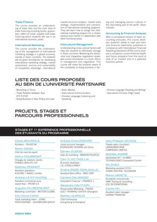 Trade Finance
The course provides an understand-
ing of trade risks and the main tools of
trade financing including bonds, guaran-
tees, letters of credit, supplier and buyer
financing which students will use in an
international business career.
International Marketing
The course provides the understand-
ing of the management of international
marketing strategy in a global economy,
namely in Asian countries. The students
will be given frameworks for developing
international marketing strategy; market
assessment; sources and sustainability
of competitive advantage; international
market structure analysis; market entry
strategy; implementation and coordina-
tion of international marketing programs.
They will learn how to design the inter-
national marketing program for a chosen
product and market in collaboration with
other functional areas.
Intercultural Management
Understanding cross-cultural factors will
help the students to effectively manage
in Asian countries. Mastering the distrib-
utive and integrative negotiation strate-
gies across boundaries is a must. Ethics
in management and negotiation. This
course will make the students aware of
the complexity of doing business in fac-
ing and managing various cultures in
this fascinating part of the world: Asian
markets.
Accounting & Financial Analysis
After a conceptual revision of basic ac-
counting principles, this course devel-
ops students’ ability to read and inter-
pret financial statements published in
compliance with International Financial
Reporting Standards (IFRS) and to anal-
yse a company’s current financial health
and future prospects from the point of
view of an investor and of a potential
business partner.
- Marketing in China
- Trade Relation between Asia
and Europe
- Doing Business in Asia (Policy and Law)
- Asian Market
- Intercultural Communication
- Chinese Language (Listening and
Speaking
- Chinese Language (Reading and Writing)
- Specialized Chinese (High Level)
LISTE DES COURS PROPOSÉS
AU SEIN DE L’UNIVERSITÉ PARTENAIRE
PROJETS, STAGES ET
PARCOURS PROFESSIONNELS
STAGES ET 1re
EXPÉRIENCE PROFESSIONNELLE
DES ÉTUDIANTS DU PROGRAMME
Charly BOUSKILA
Acheteur - FAURECIA
Martin DAVID
Chef de marché export
Arthur FOURMONT
Chargée de relations clients -
FRANCE BEAUTÉ LTD
Matthieu PEIGNOT
Assistant opérations -
KUEHNE + NAGEL Limited
Antoine LE KY HUONG
Assistant commercial zone
export Asie - PROVA S.A
Augustin DU MESNILDOT
Marketing coordinator - MOTION GLOBAL
Chiv David CANG
Trade marketing intern - JOVIAL
PROFESSIONAL - SCHOBRUNN GROUP
Antoine CHALENDARD
Junior account manager -
8 DRAGONS TRADING Ltd China
Damien DUBOIS
Sales & marketing - MAISON POURCEL
Cam Tu VO THOI LAI
Business developer -
LSL CONSULTANCY
Arsène BAZIE SANLAVILLE
Assistant Back Office - BIAC CBIP
Caroline DALMASSO
Consultant Financier - FINANCE +
Alexandre GAUTHON
Responsable Marketing - FRASIA
GOLF TRAINING CENTER (Shanghai)
Mathieu GUIRAUD
Chef d’entreprise
(Hong-Kong et Shanghai)
Jean-Philippe LECOCQ
Travels sales consultant -
UNKNOWNCHINA
COMPAGNY LIMITED
Mathilde ANDRÉ
Généraliste RH - HUAWEI
TECHNOLOGIES Duesseldorf GmbH
Pei ZHAO
Marketing assistant CCTV -
CHINA CENTRAL TELEVISION
Marion HERETE
Assistante commerciale -
HMR Trading & Consulting -
EOC INTERNATIONAL
Carine HO
Assistant sales manager -
CARINE FRANCOIS
ASIAN MBA
 