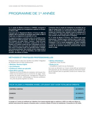UNE ANNÉE DE PRÉ-PROFESSIONNALISATION
PROGRAMME DE 1re
ANNÉE
MÉTHODES ET PRATIQUES PROFESSIONNELLES
La 1re
année de Master of Science à l’INSEEC correspond à
une évolution majeure de l’enseignement supérieur en Europe:
la réforme LMD.
C’est ainsi que le Département Masters of Science & MBA de
l’INSEEC offre la possibilité aux étudiants ayant validé un BAC+3
d’opter pour un programme de spécialité en 2 ans.
Ce programme propose, la première année, de consolider les fon-
damentaux en matière de gestion, de droit ou de management,
afin d’acquérir une solide culture « business ». Outre ces ensei-
gnements approfondis, la formation comprend des mises en
situation et la maîtrise d’outils tels que l’informatique ou les lan-
gues. L’étudiant aura ainsi acquis les compétences nécessaires
pour suivre en deuxième année une spécialité pointue, véritable-
ment professionnalisante. Deux rentrées ont lieu chaque année à
Bordeaux et Paris. À Lyon et Chambéry, une seule session
annuelle: elle débute en octobre.
L’immersion dans le monde de l’entreprise se concrétise par un
stage de longue durée (5 à 6 mois) pour tous les étudiants. Par
ailleurs, les étudiants qui choisissent le rythme alterné sont,
pendant les 6 premiers mois, présents 2 jours en entreprise et 3
jours à l’École. Le rythme peut être adopté sur les 2 ans. Les 6
mois suivants se font à temps plein en entreprise.
En 2e
année de Master of Science, afin d’affiner son projet
professionnel, l’étudiant pourra continuer dans la même entre-
prise, en alternance ou en CDD, mais pourra également changer
d’entreprise. C’est le comité pédagogique qui aidera l’étudiant
à s’orienter en fonction de ses résultats académiques en tenant
compte de sa première expérience professionnelle acquise
durant le stage.
Pratiques mises en place pour faciliter et accélérer l’intégration
de l’étudiant dans le milieu professionnel:
• Workshop: Business English
• Jeu d’entreprise
• Conférences métiers par spécialité
• Outils RH et coaching
Rédaction de CV et de lettres de motivation, techniques d’en-
tretien de recrutement pour la recherche de stage, mana-
gement de projet professionnel, management d’équipe et
conduite de réunion, méthodologie du mémoire profession-
nel, prise de parole et gestion du stress.
• Ateliers informatiques:
PowerPoint, Excel, Access
• Études de cas:
Compétitions à partir de cas d’entreprise
Les cours se déroulent sur 3 jours consécutifs par semaine et
sont ponctués par des séminaires pratiques favorisant l’exper-
tise de l’étudiant dans la spécialité choisie et son insertion pro-
fessionnelle.
Le passage en 2e
année est conditionné par l’obtention d’une moyenne générale égale ou supérieure à 10/20; les crédits non obtenus en
première année devront être repassés en deuxième année. La réussite au Master of Science est subordonnée à l’acquisition de 120 crédits.
POUR VALIDER LA PREMIÈRE ANNÉE, L’ÉTUDIANT DOIT AVOIR TOTALISÉ 60 CRÉDITS:
CONTRÔLE CONTINU 20 CRÉDITS
EXAMENS 20 CRÉDITS
STAGE 20 CRÉDITS
 