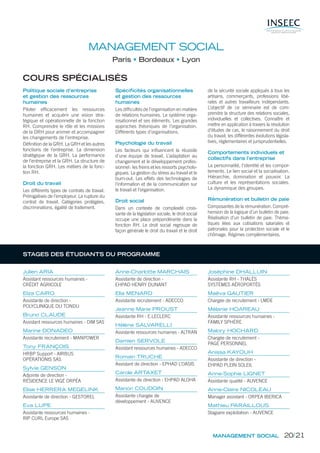 MANAGEMENT SOCIAL
Paris Bordeaux Lyon
COURS SPÉCIALISÉS
Politique sociale d’entreprise
et gestion des ressources
humaines
Piloter efﬁcacement les ressources
humaines et acquérir une vision stra-
tégique et opérationnelle de la fonction
RH. Comprendre le rôle et les missions
de la DRH pour animer et accompagner
les changements de l’entreprise.
Déﬁnition de la GRH. La GRH et les autres
fonctions de l’entreprise. La dimension
stratégique de la GRH. La performance
de l’entreprise et la GRH. La structure de
la fonction GRH. Les métiers de la fonc-
tion RH.
Droit du travail
Les différents types de contrats de travail.
Prérogatives de l’employeur. La rupture du
contrat de travail. Catégories protégées,
discriminations, égalité de traitement.
Spécificités organisationnelles
et gestion des ressources
humaines
Les difﬁcultés de l’organisation en matière
de relations humaines. Le système orga-
nisationnel et ses éléments. Les grandes
approches théoriques de l’organisation.
Différents types d’organisations.
Psychologie du travail
Les facteurs qui inﬂuencent la réussite
d’une équipe de travail. L’adaptation au
changement et le développement profes-
sionnel: les freins et les ressorts psycholo-
giques. La gestion du stress au travail et le
burn-out. Les effets des technologies de
l’information et de la communication sur
le travail et l’organisation.
Droit social
Dans un contexte de complexité crois-
sante de la législation sociale, le droit social
occupe une place prépondérante dans la
fonction RH. Le droit social regroupe de
façon générale le droit du travail et le droit
de la sécurité sociale appliqués à tous les
artisans, commerçants, professions libé-
rales et autres travailleurs indépendants.
L’objectif de ce séminaire est de com-
prendre la structure des relations sociales,
individuelles et collectives. Connaître et
mettre en application à travers la résolution
d’études de cas, le raisonnement du droit
du travail, les différentes évolutions législa-
tives, réglementaires et jurisprudentielles.
Comportements individuels et
collectifs dans l’entreprise
La personnalité, l’identité et les compor-
tements. Le lien social et la socialisation.
Hiérarchie, domination et pouvoir. La
culture et les représentations sociales.
La dynamique des groupes.
Rémunération et bulletin de paie
Composantes de la rémunération. Compré-
hension de la logique d’un bulletin de paie.
Réalisation d’un bulletin de paie. Théma-
tiques liées aux cotisations salariales et
patronales pour la protection sociale et le
chômage. Régimes complémentaires.
Julien ARIA
Assistant ressources humaines -
CRÉDIT AGRICOLE
Elza CAIRO
Assistante de direction -
POLYCLINIQUE DU TONDU
Bruno CLAUDE
Assistant ressources humaines - DIM SAS
Marine DONADEO
Assistante recrutement - MANPOWER
Tony FRANÇOIS
HRBP Support - AIRBUS
OPÉRATIONtS SAS
Sylvie GENSON
Adjointe de direction -
RÉSIDENCE LE VIGÉ ORPÉA
Elise HERRERA MEGELINK
Assistante de direction - GESTOREL
Eva LUPE
Assistante ressources humaines -
RIP CURL Europe SAS
Anne-Charlotte MARCHAIS
Assistante de direction -
EHPAD HENRY DUNANT
Elia MENARD
Assistante recrutement - ADECCO
Jeanne Marie PROUST
Assistante RH - E.LECLERC
Hélène SALVARELLI
Assistante ressources humaines - ALTRAN
Damien SERVOLE
Assistant ressources humaines - ADECCO
Romain TRUCHE
Assistant de direction - EPHAD L’OASIS
Carole ARTAXET
Assistante de direction - EHPAD ALOHA
Marion COUDOIN
Assistante chargée de
développement - AUVENCE
Joséphine DHALLUIN
Assistante RH - THALÈS
SYSTÈMES AÉROPORTÉS
Maëva GAUTIER
Chargée de recrutement - LMDE
Mélanie HOAREAU
Assistante ressources humaines -
FAMILY SPHÈRE
Malory HOCHARD
Chargée de recrutement -
PAGE PERSONNEL
Anissa KAYOUH
Assistante de direction -
EHPAD PLEIN SOLEIL
Anne-Sophie LIGNET
Assistante qualité - AUVENCE
Anne-Claire NICOLEAU
Manager assistant - ORPEA IBERICA
Mathieu PARAILLOUS
Stagiaire exploitation - AUVENCE
STAGES DES ÉTUDIANTS DU PROGRAMME
MANAGEMENT SOCIAL 20/21
 
