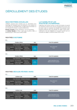 DÉROULEMENT DES ÉTUDES
MSc & MBA INSEEC
ORGANISATION
DEUX RENTRÉES ANNUELLES
L’INSEEC propose deux rentrées par an, permettant ainsi
davantage de souplesse pour les étudiants ou les salariés en
reconversion qui souhaitent faire un stage avant la formation ou
tout simplement achever un projet professionnel.
Rentrée d’octobre (à Paris, Bordeaux, Lyon et Chambéry)
ou rentrée décalée (à Paris : mars pour les M1 et M2 ; à
Bordeaux/Lyon: février pour les M1 et M2).
LA FLEXIBILITÉ ET LES
ATOUTS DE L’ALTERNANCE.
L’alternance est conçue comme un outil de formation et permet
aux étudiants de faire le lien entre les enseignements et leur mise
en œuvre, selon un calendrier très flexible. Des périodes École/
Entreprise alternent avec des périodes de stage à temps plein.
L’alternance n’est pas obligatoire et ne pourra se faire que sur
convention de stage ou contrat de travail (CDD ou CDI).
RENTRÉE D’OCTOBRE
M1:
d’octobre à février mars d’avril à ﬁn septembre
Cours 3j/semaine - Entreprise 2j/semaine
Stage professionnel
6 mois
• Ateliers management
personnel
• Conférences métiers
• Jeu d’entreprise
• Ateliers informatiques
• Business Week
• Séminaires
professionnels
• Simulation de cas
Session
d’examens
M2:
d’octobre à février mars d’avril à ﬁn septembre
Cours 3j/semaine - Entreprise 2j/semaine
Stage de spécialité de 6 mois
Mémoire de recherche appliquée
• Ateliers management
personnel
• Conférences métiers
• Jeu d’entreprise
• Ateliers informatiques
• Business Week
• Séminaires
professionnels
• Simulation de cas
Session
d’examens
RENTRÉE DÉCALÉE (FÉVRIER, MARS)
M1:
de février à juin juillet d’août à ﬁn septembre
Cours 3j/semaine - Entreprise 2j/semaine
Stage professionnel
6 mois
• Ateliers management
personnel
• Conférences métiers
• Jeu d’entreprise
• Ateliers informatiques
• Business Week
• Séminaires
professionnels
• Simulation de cas
Session
d’examens
M2:
de février à juin juillet d’août à ﬁn septembre
Cours 3j/semaine - Entreprise 2j/semaine
Stage de spécialité de 6 mois
Mémoire de recherche appliquée
• Ateliers management
personnel
• Conférences métiers
• Jeu d’entreprise
• Ateliers informatiques
• Business Week
• Séminaires
professionnels
• Simulation de cas
Session
d’examens
2/3
 