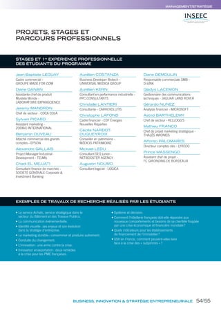 BUSINESS, INNOVATION & STRATÉGIE ENTREPRENEURIALE
MANAGEMENT/STRATÉGIE
PROJETS, STAGES ET
PARCOURS PROFESSIONNELS
STAGES ET 1re
EXPÉRIENCE PROFESSIONNELLE
DES ÉTUDIANTS DU PROGRAMME
Jean-Baptiste LEGUAY
Cadre commercial -
GROUPE MADE FOR COM
Diane GANAN
Assistante chef de produit
Mustela Monde -
LABORATOIRE EXPANSCIENCE
Jeremy MANDRON
Chef de secteur - COCA COLA
Sylvain PICARD
Assistant marketing -
ZODIAC INTERNATIONAL
Benjamin DUVEAU
Attaché commercial des grands
comptes - EPSON
Alexandre GALLAIS
Project Manager Industrial
Development - TELMA
Chadi EL MEJJATI
Consultant finance de marchés -
SOCIÉTÉ GÉNÉRALE Corporate &
Investment Banking
Aurélien COSTANZA
Business Developer Biotech -
UNIVERSAL MEDICA GROUP
Aurélien KERN
Consultant en performance industrielle -
PPC CONSULTANTS
Christelle LANTIERI
Consultante - CARREVOLUTIS
Christophe LAFOND
Cadre financier - EDF Énergies
Nouvelles Réparties
Cécilia NARDOT-
DUQUEYROIX
Conseiller en patrimoine -
MÉDICIS PATRIMOINE
Mickael LEDU
Consultant SEO junior -
NETBOOSTER AGENCY
Augustin NOUMO
Consultant logiciel - LOGICA
Diane DEMOULIN
Responsable commerciale SMB -
D-LINK
Gladys LACEMON
Gestionnaire des communications
techniques - JAGUAR LAND ROVER
Gérardo NUNEZ
Analyste financier - MICROSOFT
Astrid BARTHELEMY
Chef de secteur - KELLOGG’S
Mathieu FRANCO
Chef de projet marketing stratégique -
THALÈS AVIONICS
Alfonso PALOMARES
Directeur comptes clés - LYRECO
Prince MASSENGO
Assistant chef de projet -
FC GIRONDINS DE BORDEAUX
EXEMPLES DE TRAVAUX DE RECHERCHE RÉALISÉS PAR LES ÉTUDIANTS
• Le service Achats, service stratégique dans le
secteur du Bâtiment et des Travaux Publics.
• La communication événementielle.
• Identité visuelle: ses enjeux et son évolution
dans la stratégie d’entreprise.
• Le marketing durable: consommer et produire autrement.
• Conduite du changement.
• L’innovation: une arme contre la crise.
• Innovation et exportation: deux remèdes
à la crise pour les PME françaises.
• Système et décision.
• Comment l’hôtellerie française doit-elle répondre aux
nouveaux comportements et besoins de sa clientèle frappée
par une crise économique et financière mondiale?
• Quels indicateurs pour les établissements
de financement de l’immobilier?
• SSII en France, comment peuvent-elles faire
face à la crise des « subprimes »?
54/55
 